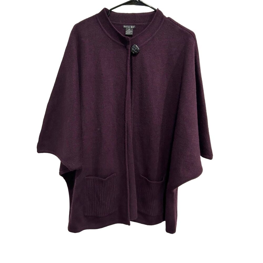 Tally-Ho Womens Purple Knit Cape Button Closure Pockets Sz 2X